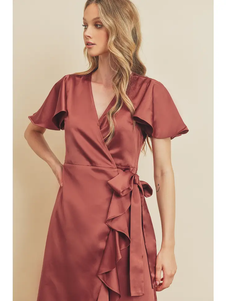 Flutter Sleeve Midi Wrap Dress
