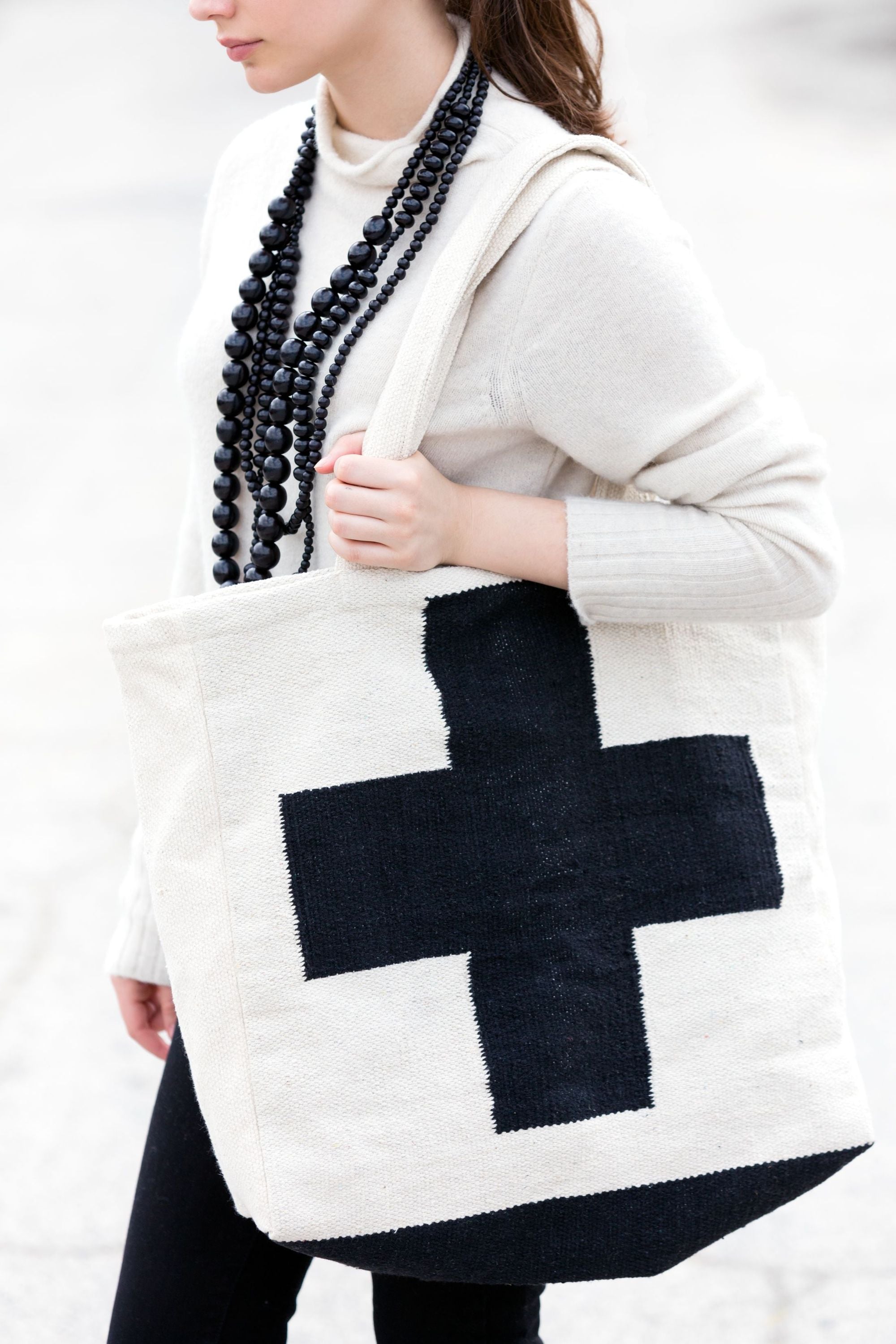 Black and White Cross Dhurrie Tote Bag